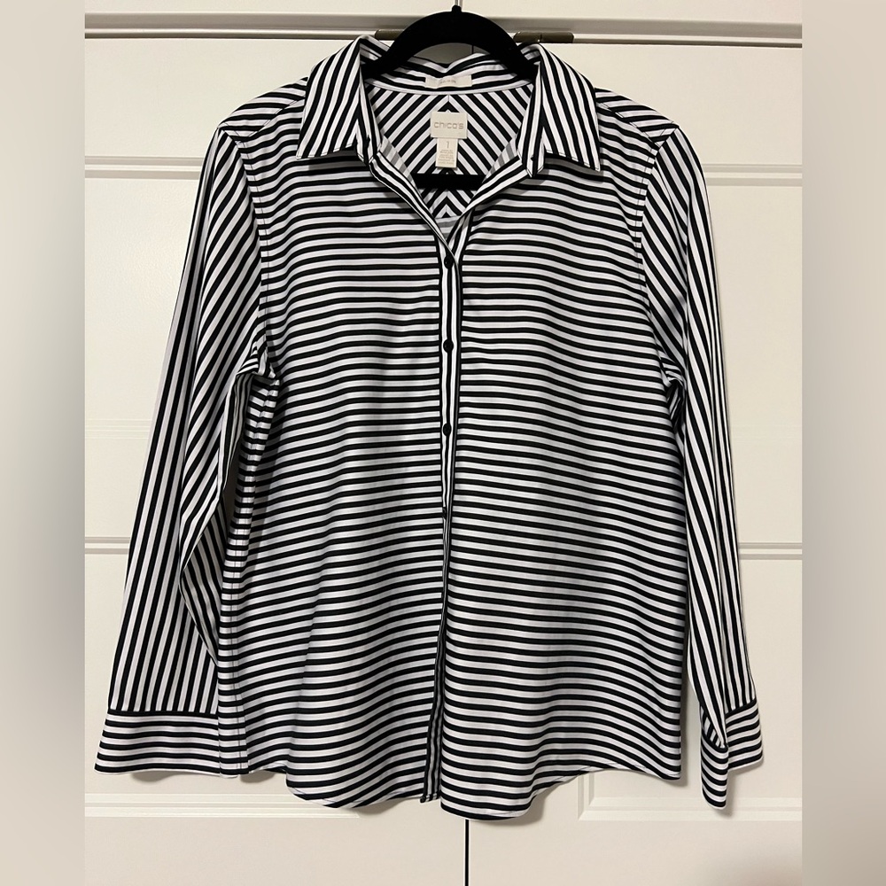 Chico's Black‎ and White Striped No Iron Blouse